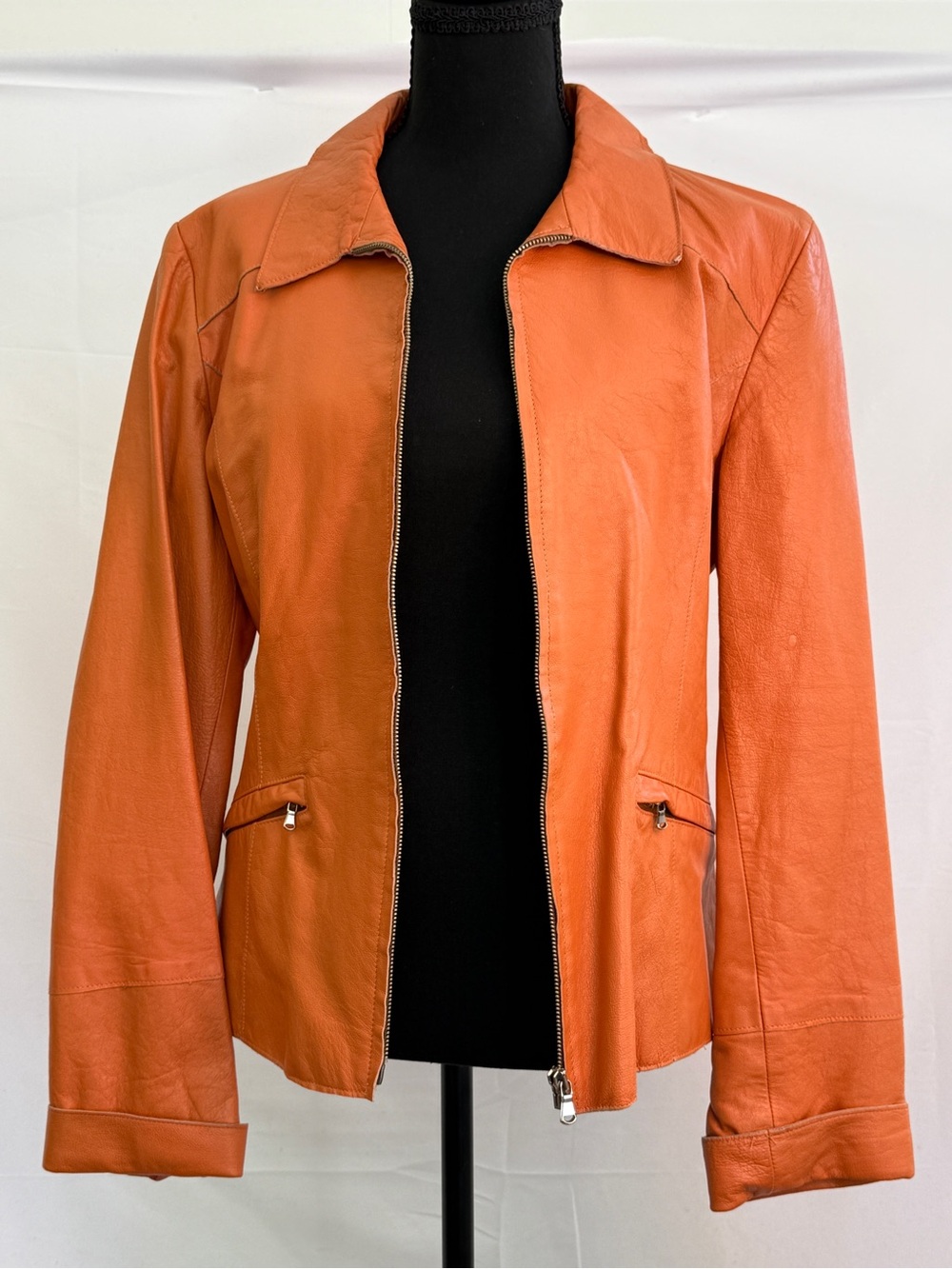 Women’s Orange Leather Zip-Front Jacket by